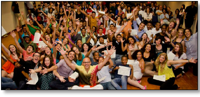 Young artists and leaders celebrating together during a US tour.